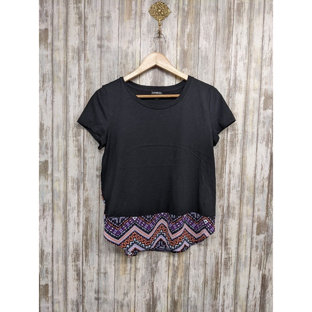 Express Women's Round Hem Two Toned Short Sleeve T Shirt Black Size Medium